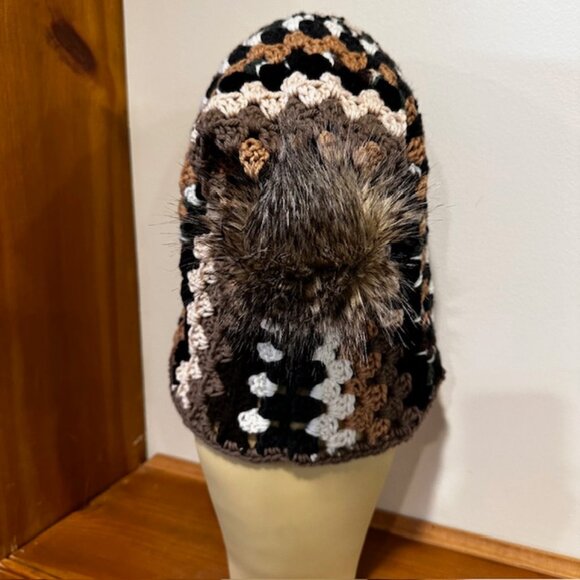 Hand Knit / Crochet Granny Style Hoodie with ties & faux fur pom pom for winte - Picture 5 of 10